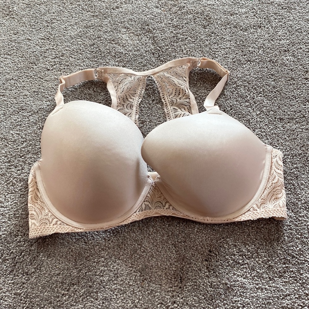 Paramour Nude Lace T Back Bra SIZE 38DD Underwire Padded Everyday Bra